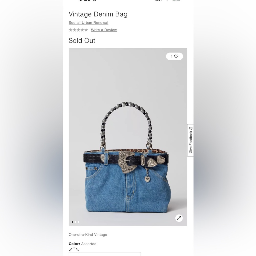 Urban Outfitters Vintage Blue Denim Tote Bag with Black Beaded Handle SOLD OUT - Picture 2 of 6
